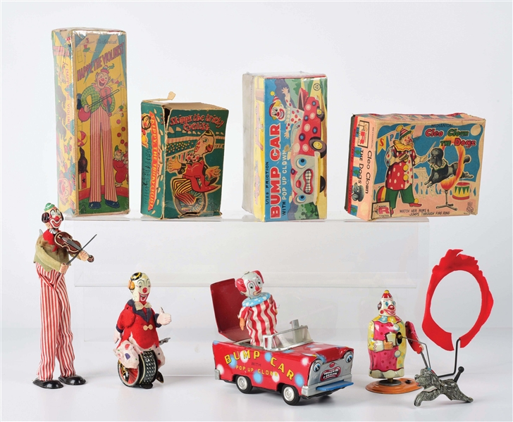 LOT OF 4: JAPANESE TIN LITHO CLOWN-RELATED TOYS.