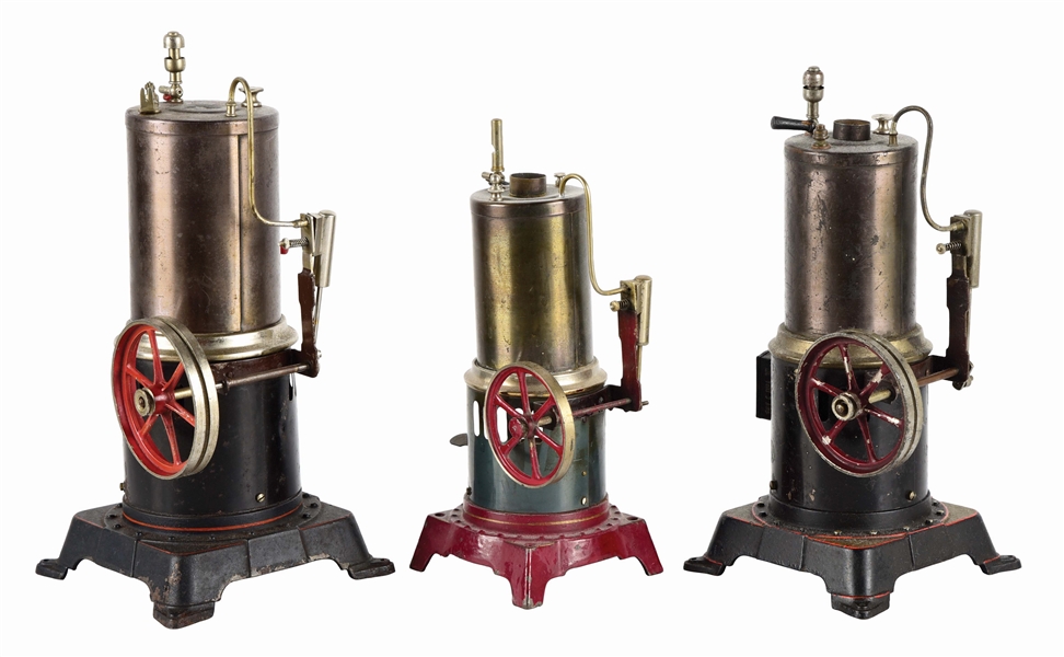 LOT OF 3: EARLY GERMAN VERTICAL STEAM TYPE DOLL COMPANY ENGINES.