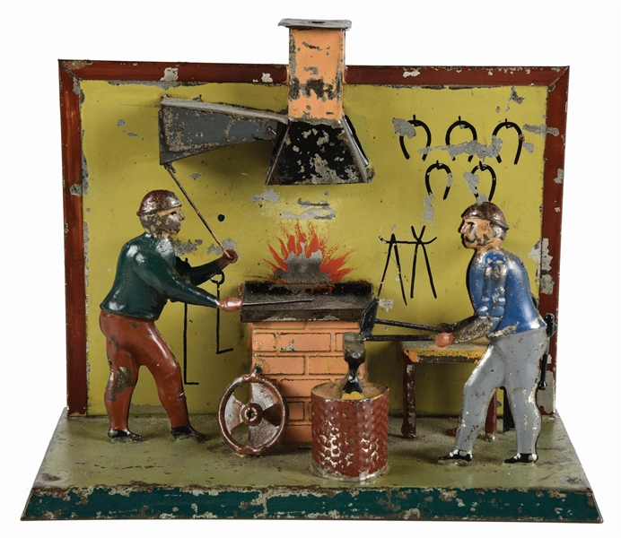 EARLY GERMAN HAND PAINTED STEAM ACCESSORY BLACKSMITH TOY.