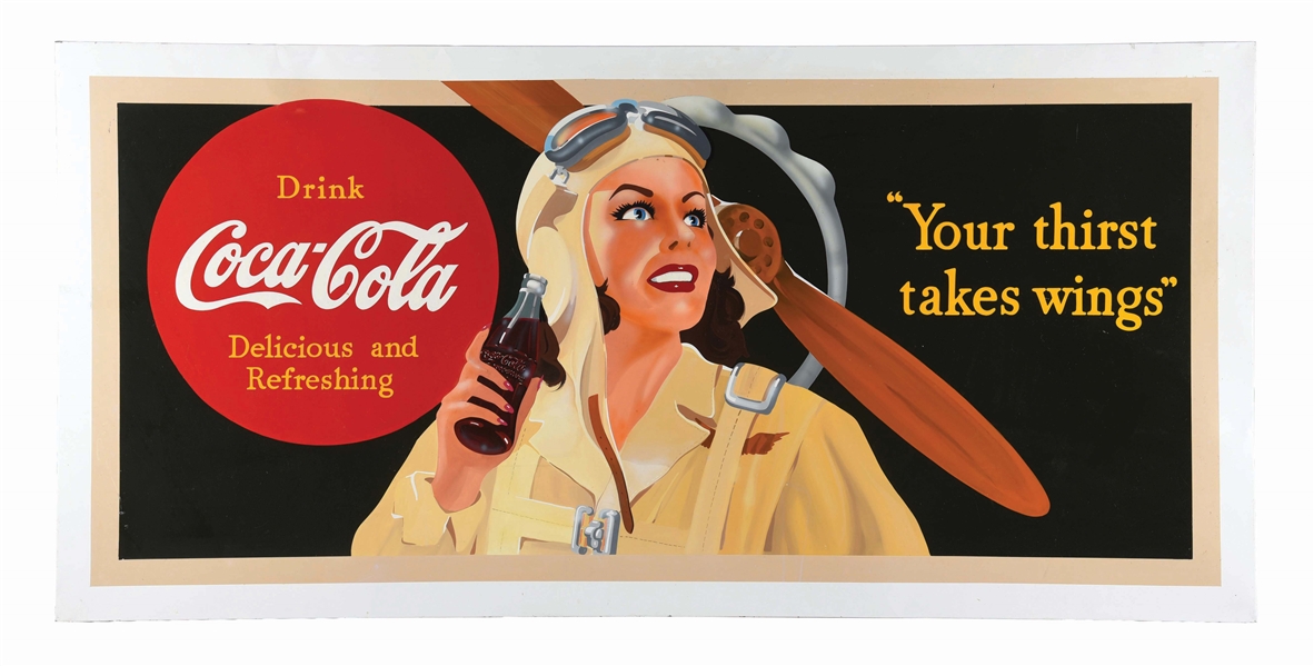 SINGLE-SIDED PAINTED METAL "DRINK COCA-COLA YOUR THIRST TAKES WINGS" SIGN.