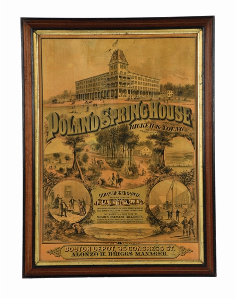 EARLY FRAMED POLAND SPRING HOUSE CARDBOARD ADVERTISEMENT. 
