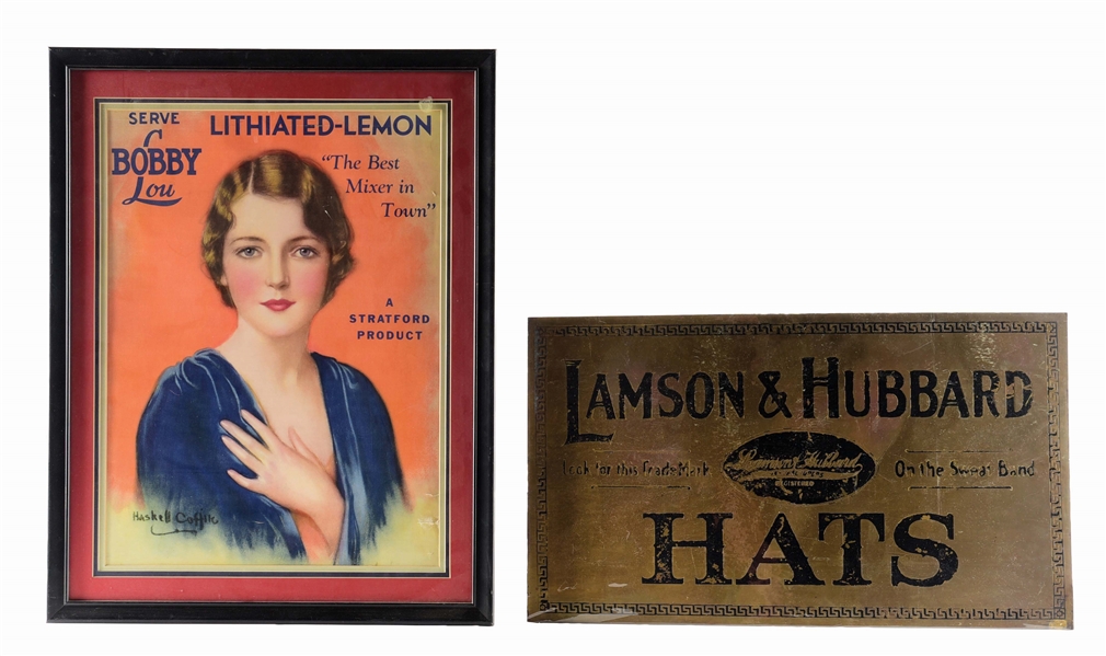 LOT OF 2: LAMSON & HUBBARD HATS AND FRAMED BOBBY LOU ADS. 
