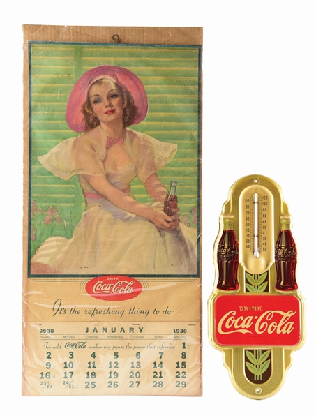 LOT OF 2: COCA-COLA CALENDAR AND THERMOMETER. 