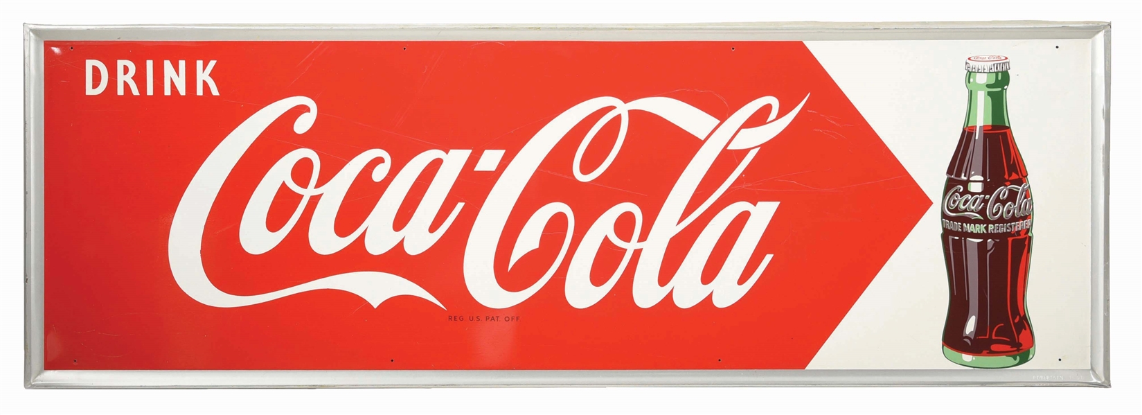 DRINK COCA COLA TIN SIGN W/ BOTTLE GRAPHIC & SELF FRAMED OUTER EDGE. 