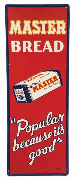 MASTER BREAD EMBOSSED TIN GENERAL STORE SIGN W/ BREAD LOAF GRAPHIC. 