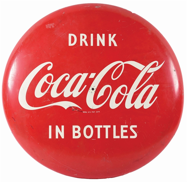 DRINK COCA COLA IN BOTTLES TIN BUTTON SIGN.