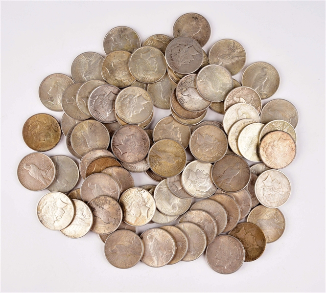 LOT OF 79: PEACE SILVER DOLLARS.