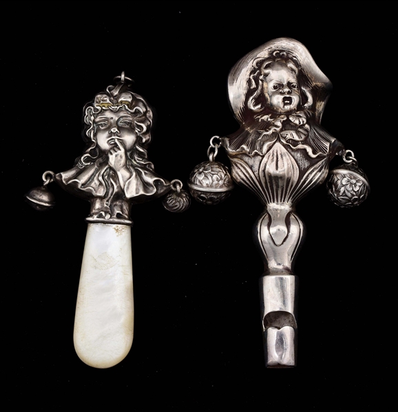 LOT OF 2: STERLING SILVER VICTORIAN BABY RATTLES. 