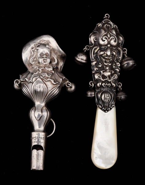 LOT OF 2: STERLING SILVER VICTORIAN BABY RATTLES.