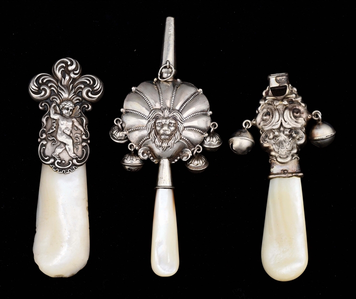 LOT OF 3: STERLING SILVER VICTORIAN BABY RATTLES. 