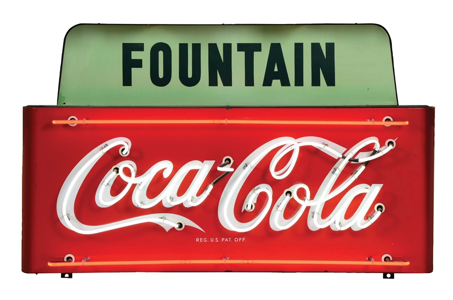 COCA COLA FOUNTAIN TWO PIECE PORCELAIN SIGN W/ ADDED NEON ON NEW METAL CAN. 