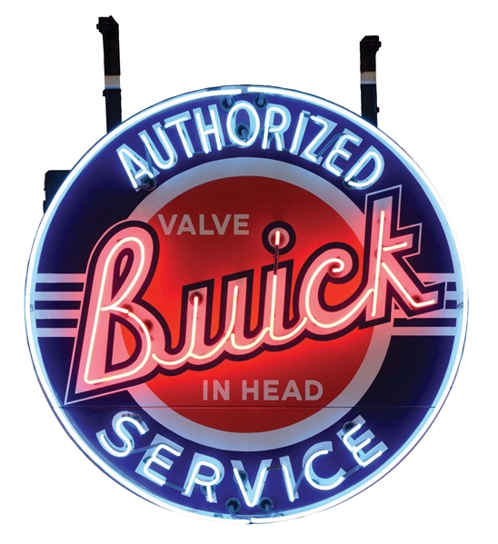 OUTSTANDING BUICK VALVE IN HEAD AUTHORIZED SERVICE COMPLETE PORCELAIN NEON SIGN ON ORIGINAL METAL CAN. 