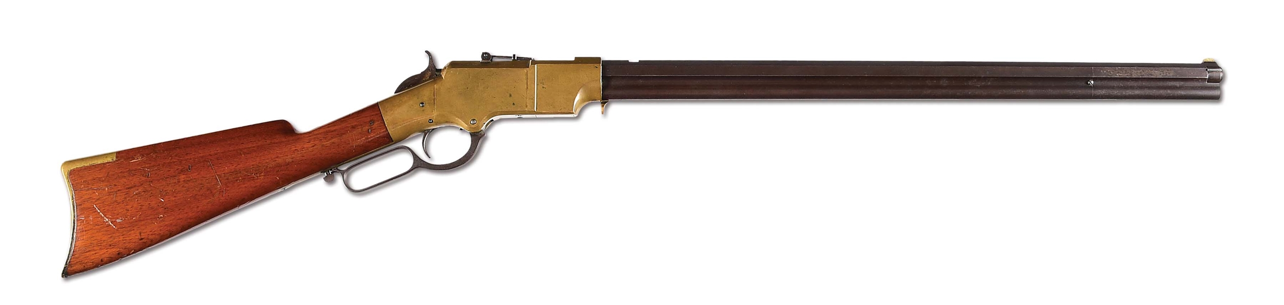 (A) FINE HENRY LEVER ACTION REPEATING RIFLE WITH DESIRABLE 4 PIECE CLEANING ROD.