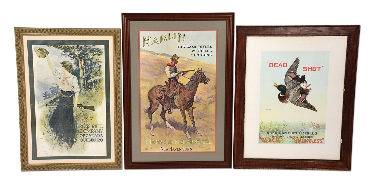 LOT OF 3: ROSS RIFLE COMPANY, AMERICAN POWDER, AND MARLIN ADVERTISING SIGNS.
