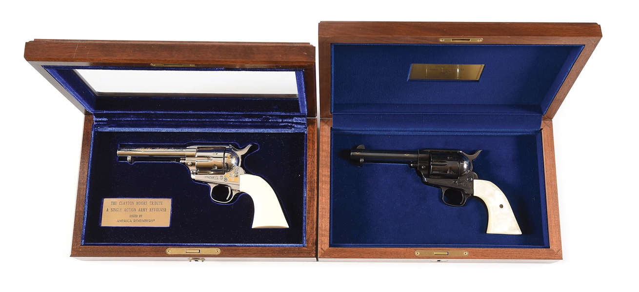 (M) LOT OF 2: CLAYTON MOORE AND GENE AUTRY TRIBUTE SINGLE ACTION REVOLVERS IN PRESENTATION CASES. 