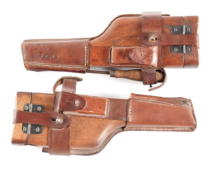 LOT OF 2: MAUSER BROOMHANDLE STOCKS/HOLSTERS AND LEATHER HARNESSES.