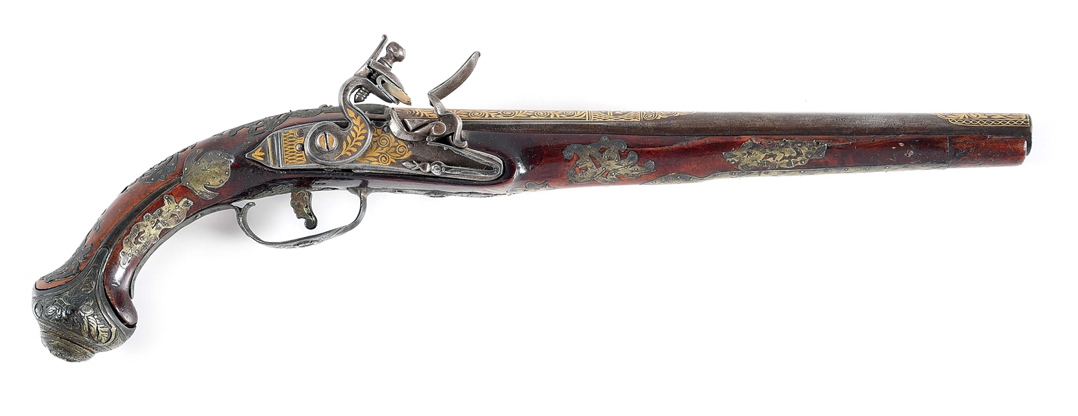 (A) PROFUSELY DECORATED MIDDLE EASTERN FLINTLOCK PISTOL, PROBABLY BALKAN.