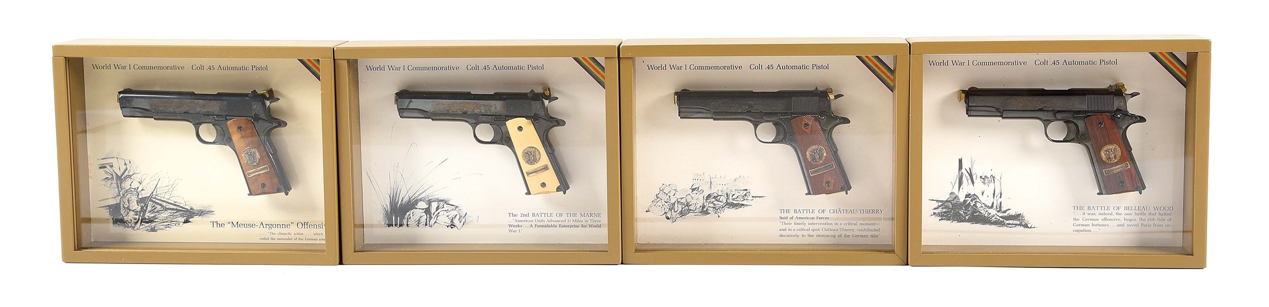(C) COMPLETE SET OF COLT WORLD WAR I COMMEMORATIVE 1911 PISTOLS, WITH MATCHING SERIAL NUMBERS, AND THREE OF THE ORIGINAL SHIPPING BOXES TO THE SAME LOCATION.