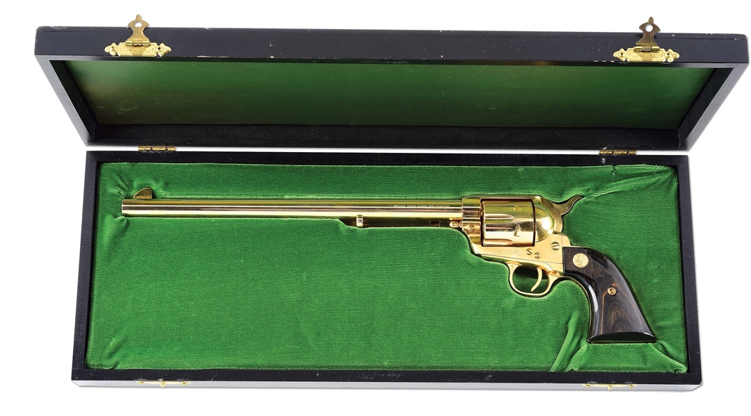(M) VERY ATTRACTIVE GOLD PLATED COLT 1 OF 150 WYATT EARP BUNTLINE SPECIAL SINGLE ACTION REVOLVER WITH CASE.