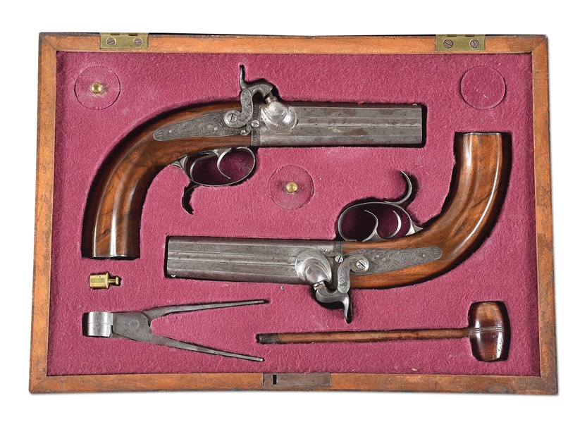 (A) PAIR OF HIGHLY UNUSUAL GERMAN OVER/UNDER SASH PISTOLS BY RAITHEL, WITH A RIFLED BARREL AND A SMOOTHBORE BARREL.