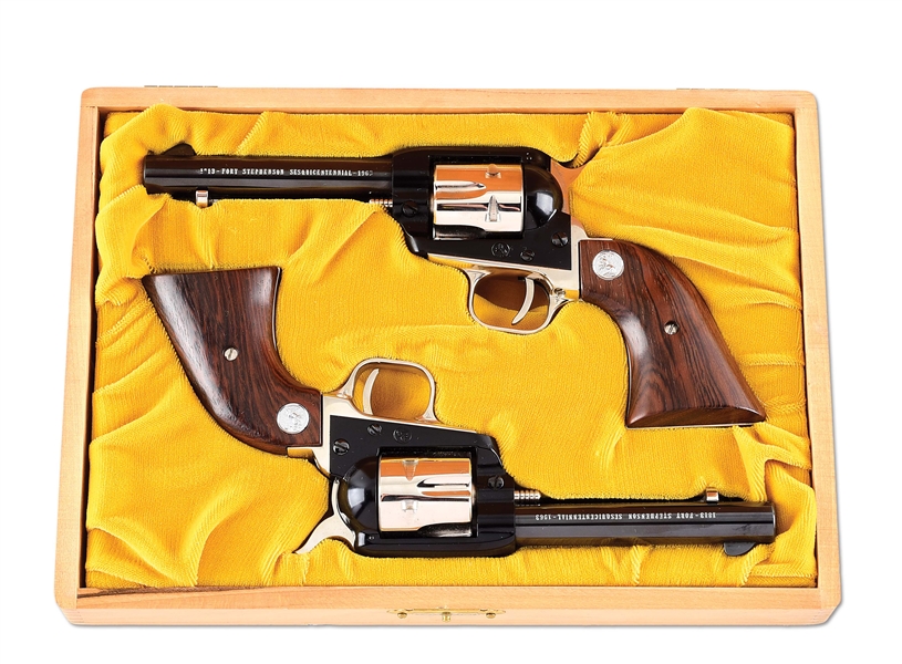 (C) CASED SEQUENTIAL PAIR OF COLT SINGLE ACTION ARMY FRONTIER SCOUT FORT STEPHESON SESQUICENTENNIAL REVOLVERS.
