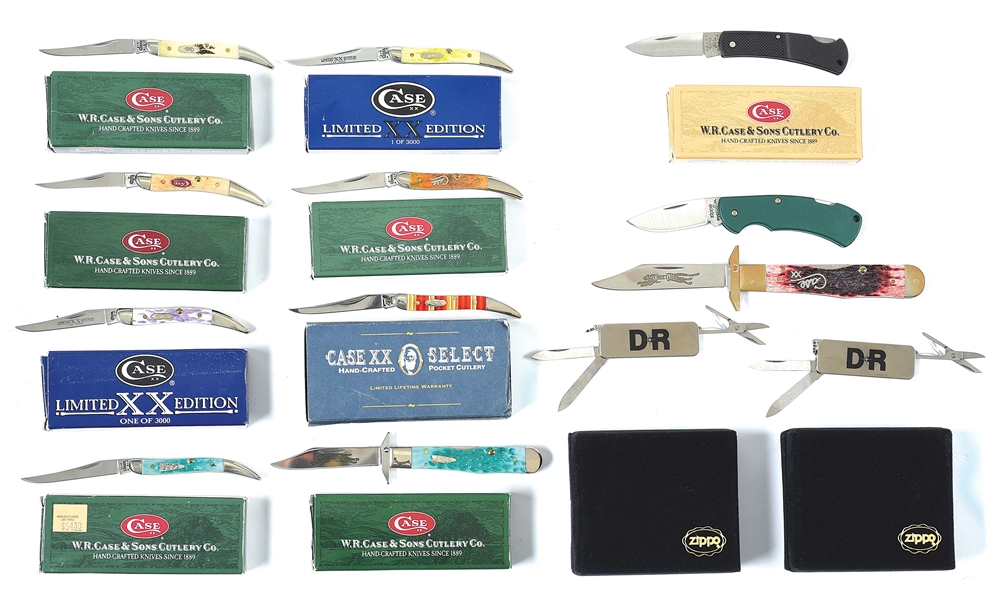 LOT OF 13: FOLDING KNIVES BY CASE AND ZIPPO.