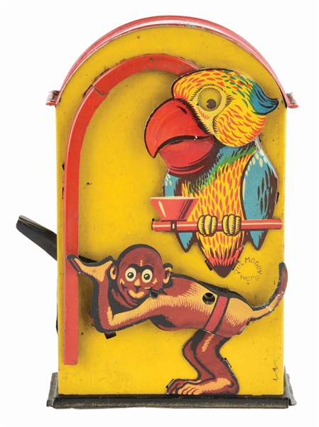 MONKEY AND PARROT TIN BANK. 