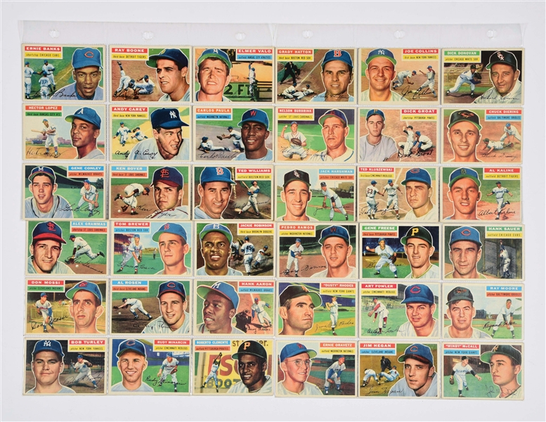 APPROXIMATELY 90 NICE FRESH OUT OF THE HOUSE 1956 TOPPS BASEBALL CARDS.
