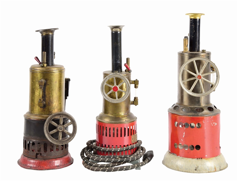 LOT OF 3: VERTICAL STEAM ENGINE TOYS.
