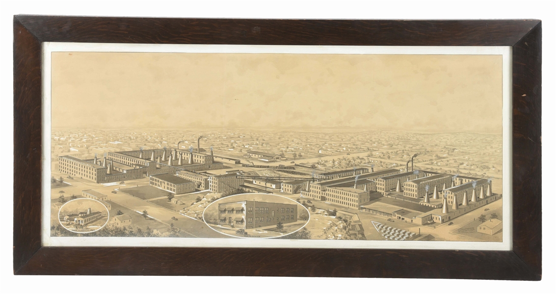 LARGE FRAMED DRAWING OF KNOWLES POTTERY FACTORY. 