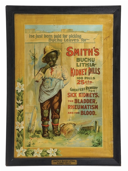 FRAMED SMITHS KIDNEY PILLS LITHOGRAPHED TIN AD.