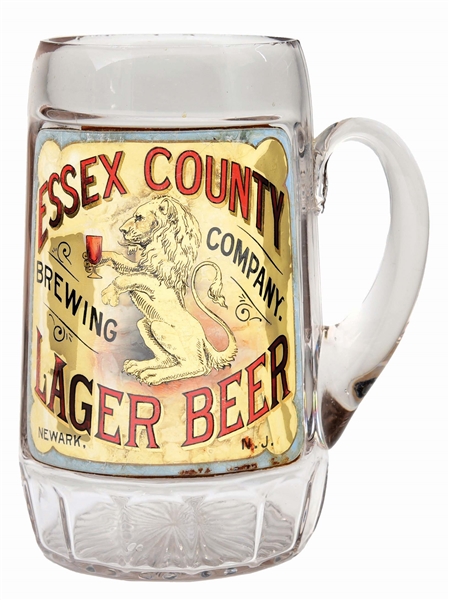 PHENOMENAL LABEL UNDER GLASS ADVERTISING MUG FOR ESSEX COUNTY LAGER BEER.