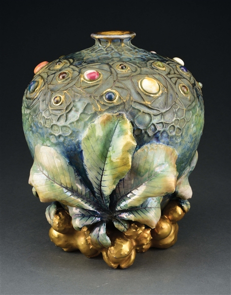AMPHORA SECESSIONIST GRES BIJOU VASE WITH CHESTNUT BASE AND MULTICOLORED JEWELS.