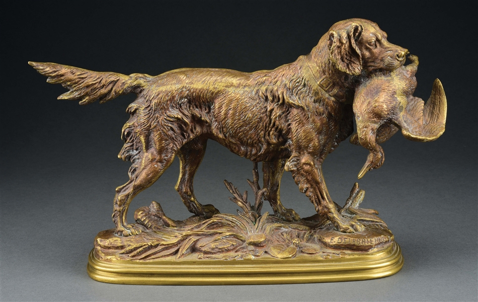 PAUL EDOUARD DELABRIERRE (FRENCH 1829-1912) HUNTING DOG BRONZE.