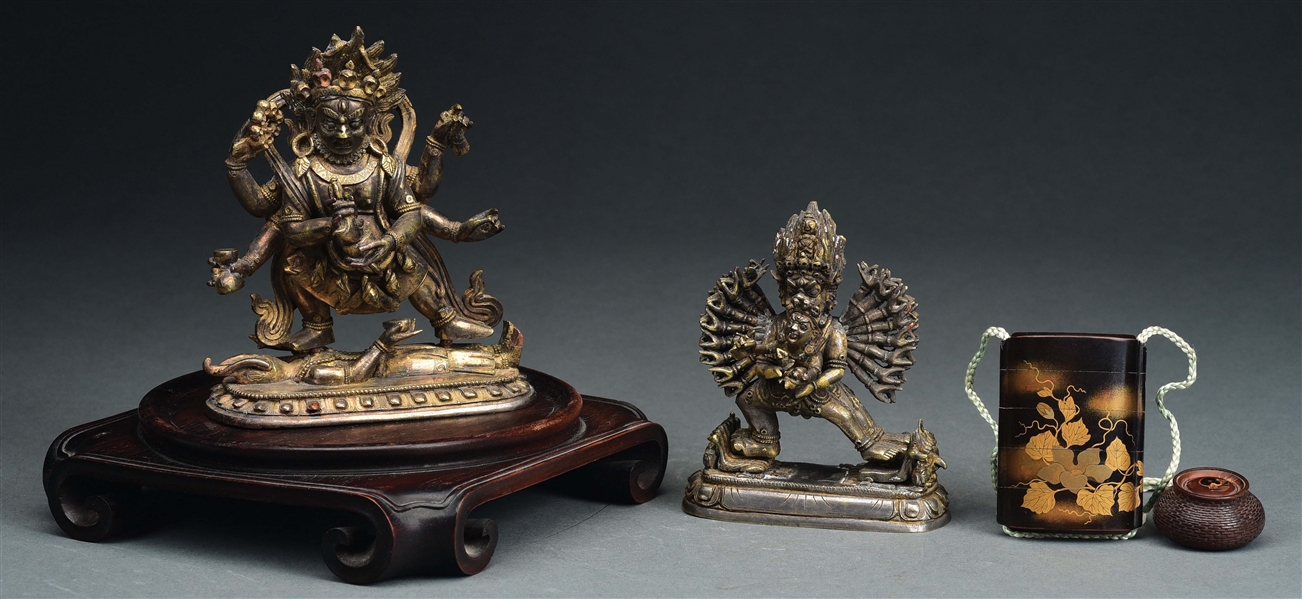 GROUP OF 4: FIGURAL BRONZES, BOX AND STAND.