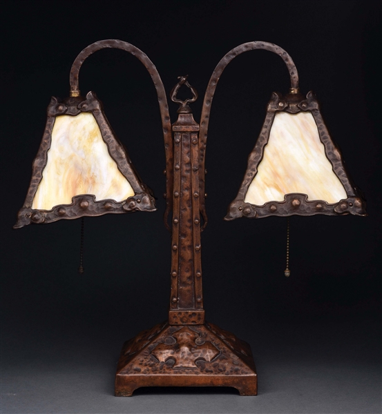 EARLY 20TH CENTURY DOUBLE STUDENT SLAG GLASS LAMP.