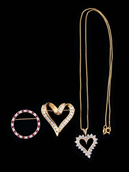 LOT OF 3: 14K Y GOLD NECKLACES AND PENDANTS/PINS WITH DIAMONDS.