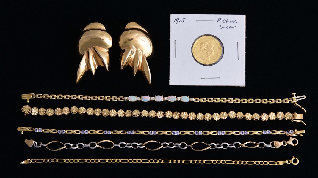 LOT OF 7: 14K GOLD JEWELRY PIECES AND ONE COIN.