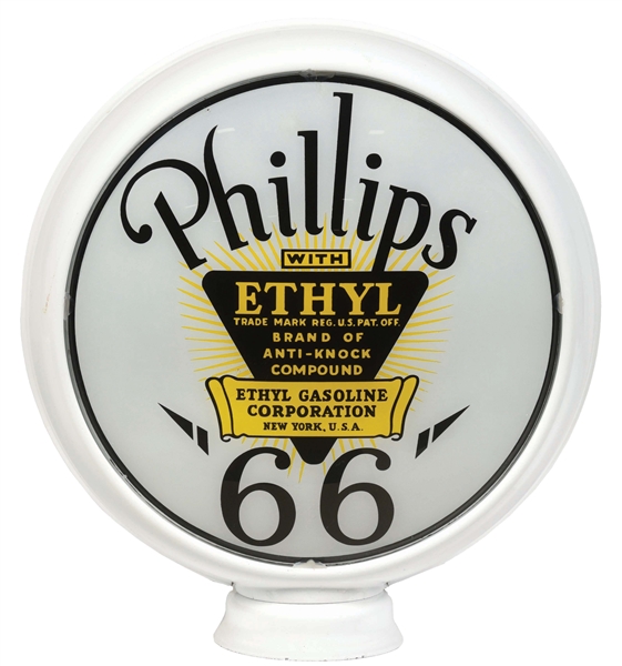 RARE PHILLIPS 66 ETHYL GASOLINE COMPLETE 15" GLOBE ON ORIGINAL METAL H.P. BODY. 