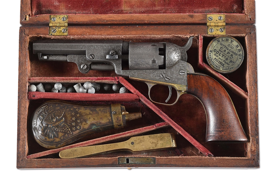 (A) CASED GUSTAVE YOUNG FACTORY ENGRAVED COLT 1849 POCKET PERCUSSION REVOLVER. 