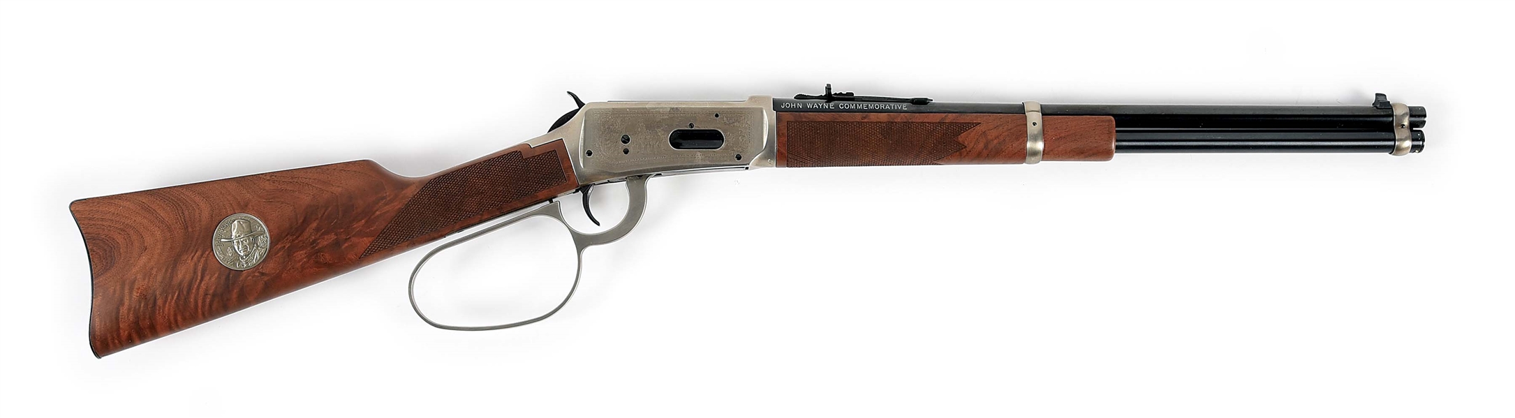 (M) WINCHESTER MODEL 1894 CARBINE JOHN WAYNE COMMEMORATIVE LEVER ACTION RIFLE WITH WALL MOUNT AND SCABBARD 