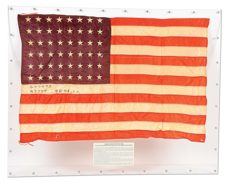 US WWII SILK AMERICAN FLAG WITH JAPANESE CAPTURE ANNOTATION