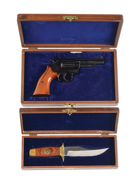 (M) CASED TEXAS RANGERS COMMEMORATIVE SMITH & WESSON MODEL 19-3 REVOLVER AND BOWIE KNIFE.