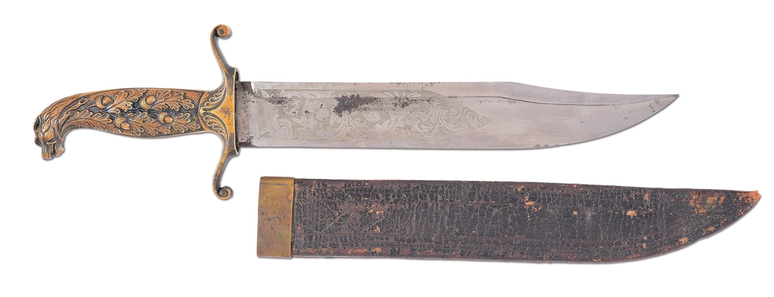 EXEMPLARY PRESENTATION GRADE COLLINS AND CO. BOWIE KNIFE WITH CAST BRASS HANDLE.