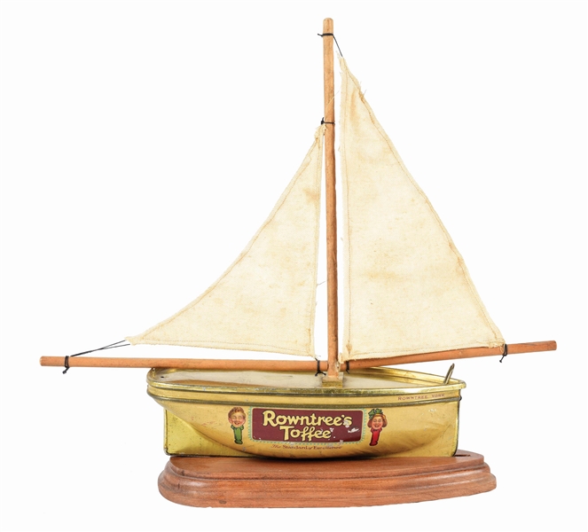 ROWNTREES TOFFEE SAILING BOAT TIN ON STAND. 