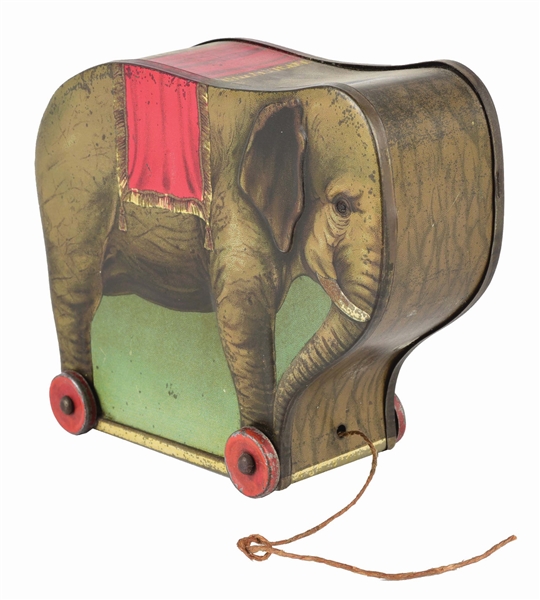 DUNMORE ELEPHANT PULL-ALONG TOY BISCUIT TIN. 