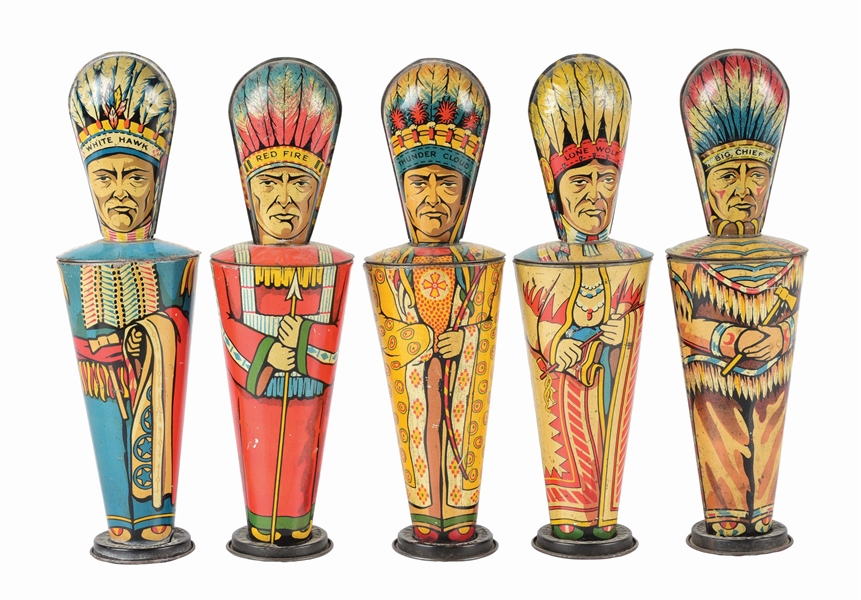 LOT OF 5: LYONS NATIVE AMERICAN FIGURAL CANDY TINS. 