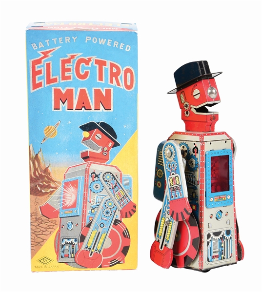 ULTRA RARE JAPANESE TIN LITHO BATTERY-OPERATED ELECTRO MAN ROBOT TOY.