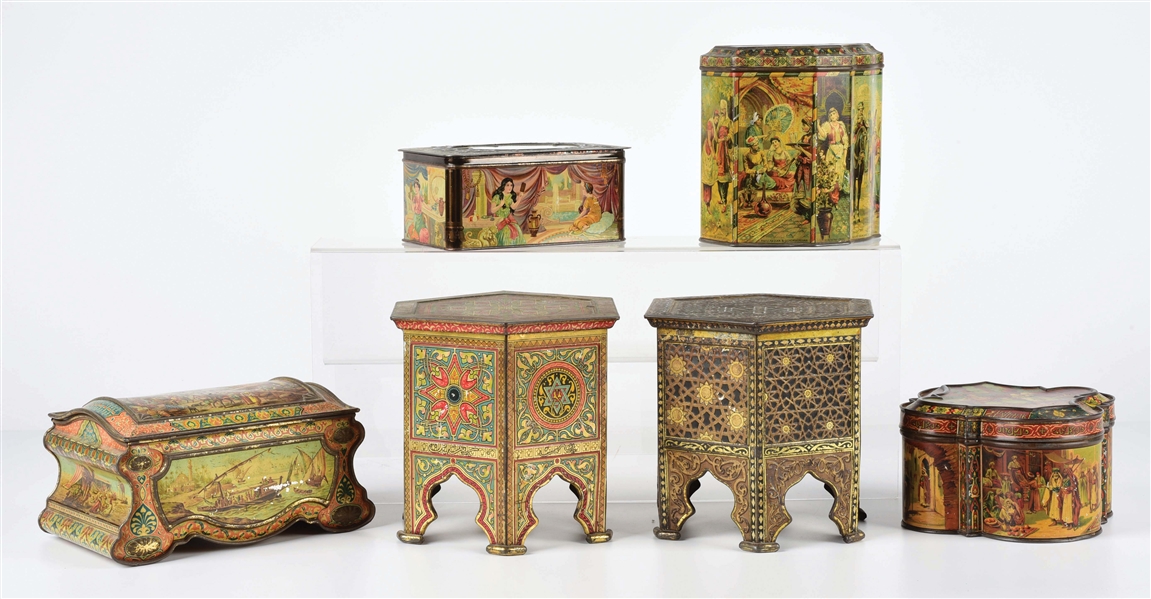 LOT OF 6: HUNTLEY & PALMER MIDDLE EASTERN-THEMED BISCUIT TINS. 
