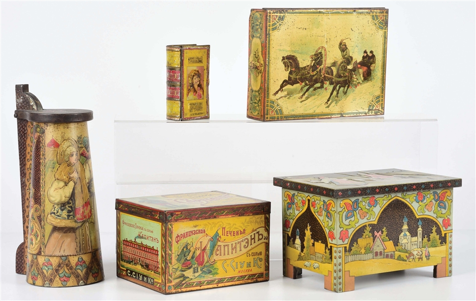 LOT OF 5: RUSSIAN-THEMED BISCUIT TINS.
